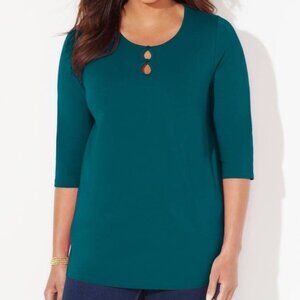 Catherines Teal Green Suprema Teardrop Neck 3/4 Slv Tee- 3XWP (Plus Petite)- NWT